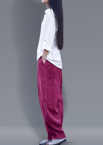 Harem Pants Cotton Work Outfits Burgundy Long Pants