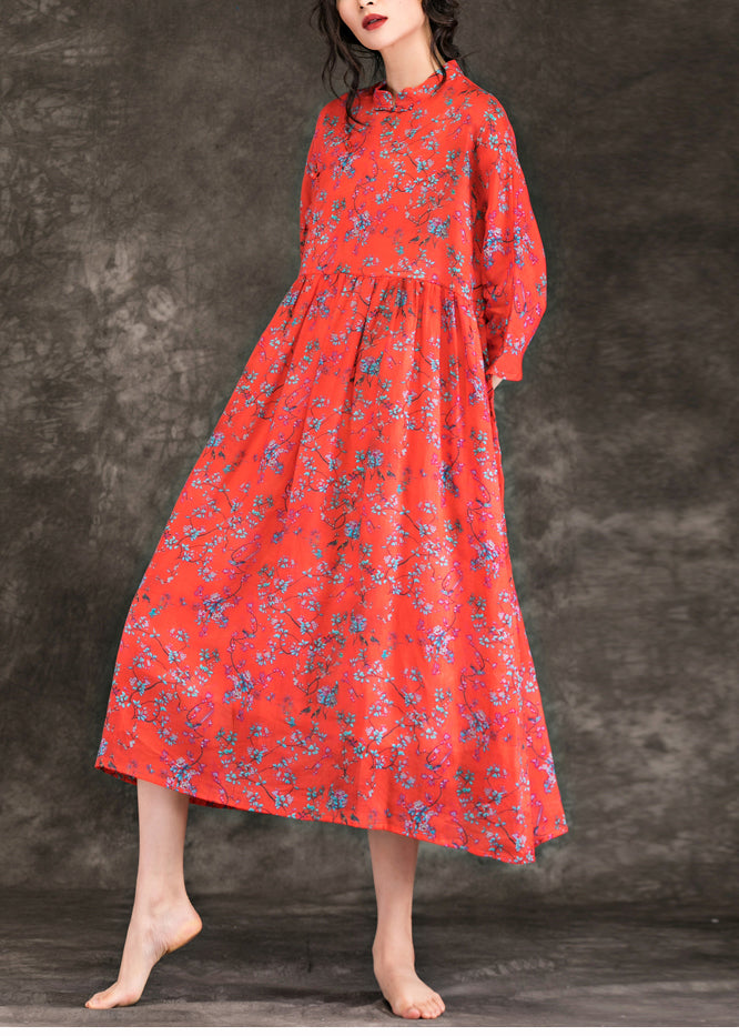 Stand Collar Cinched Linen Clothes for Online Shopping Red Print Long Dresses Summer