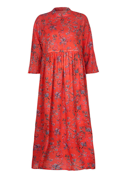 Stand Collar Cinched Linen Clothes for Online Shopping Red Print Long Dresses Summer