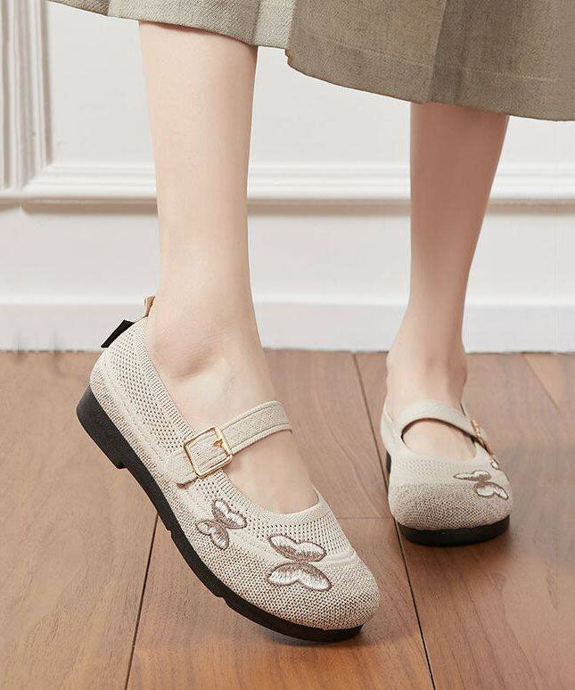 Beige Buckle Strap Splicing Embroidered Flat Feet Shoes