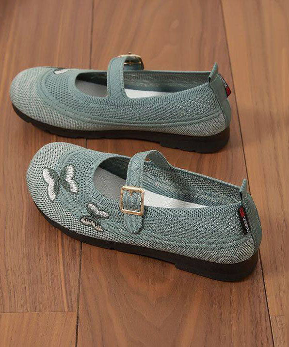 Beige Buckle Strap Splicing Embroidered Flat Feet Shoes