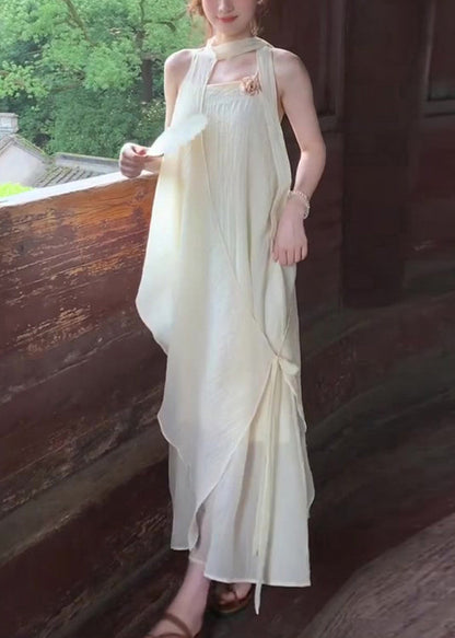 Beige Chiffon Holiday Halter Dress Two Piece Set Asymmetrical Summer