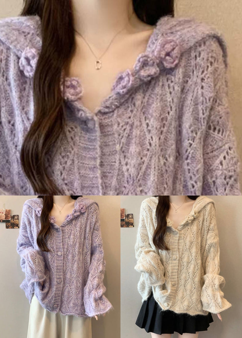 Beige Button Cozy Knit Cardigan Tops Hollow Out