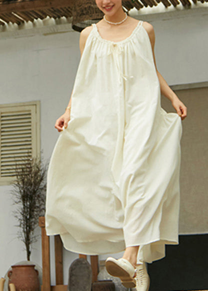 Beige O-neck Wrinkled Cotton Maxi Spaghetti Strap Dress Sleeveless