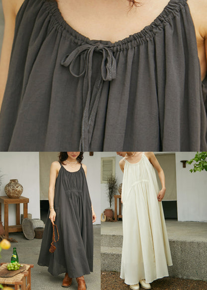Beige O-neck Wrinkled Cotton Maxi Spaghetti Strap Dress Sleeveless
