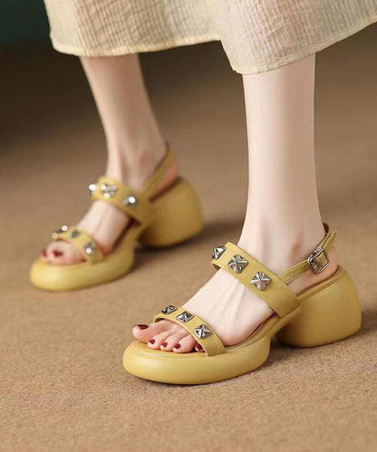 Beige Sandals Chunky Faux Leather Diy Splicing Rivet Buckle Strap