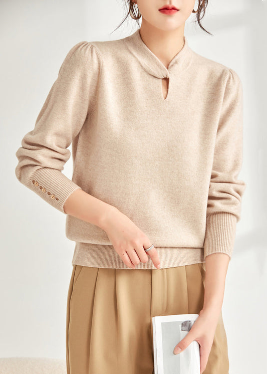 Beige Loose Wool Knit Sweater Hollow Out Spring
