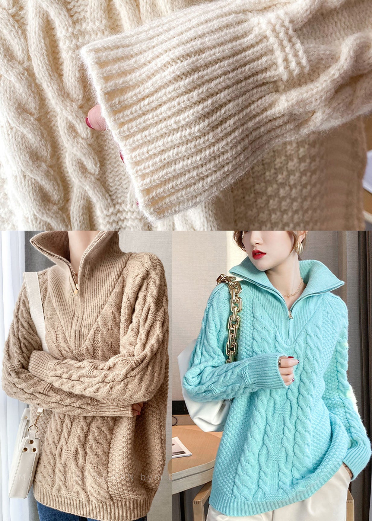 Beige Thick Knit Sweater Tops Turtle Neck Spring