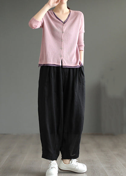 Black Pockets Linen Pants Elastic Waist Summer
