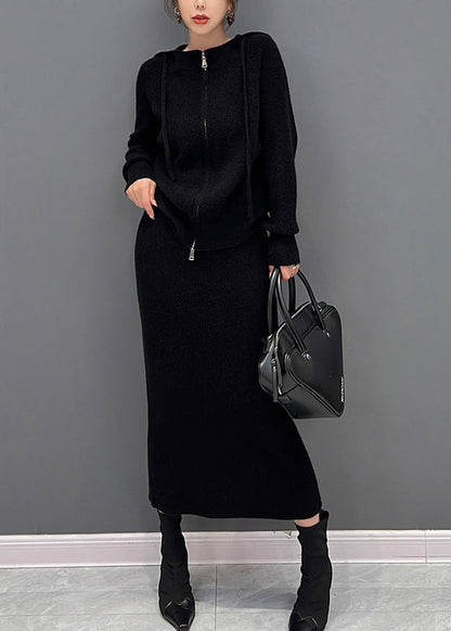 Black Drawstring Hooded Knit Sweaters and Maxi Skirts Two Piece Set Winter