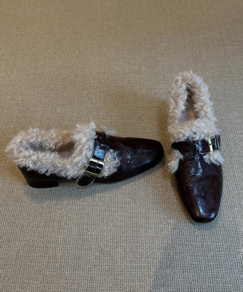 Black Faux Leather Splicing Chunky Loafer Shoes Fuzzy Wool Lined
