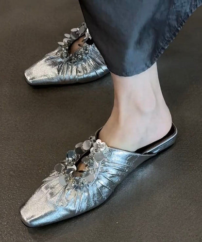 Black Faux Leather Wrinkled Sequins Splicing Slide Sandals