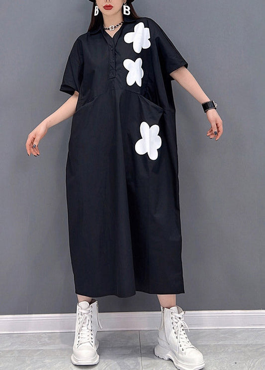 Black Patchwork Pockets Button Dress Short Sleeve
