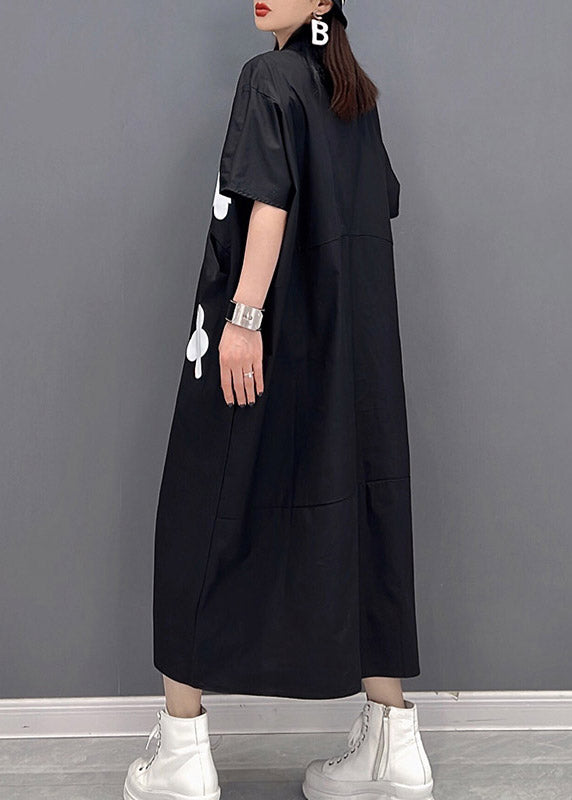 Black Patchwork Pockets Button Dress Short Sleeve