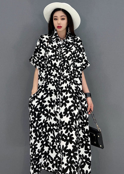 Black Print Cotton Long Dresses Turn-down Collar Short Sleeve