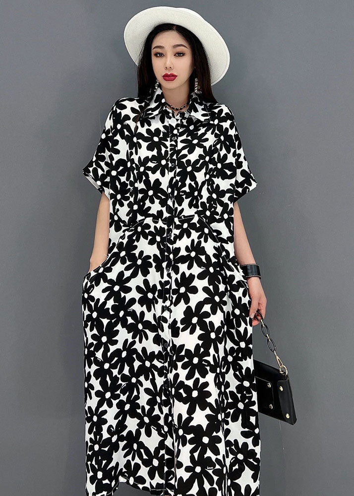 Black Print Cotton Long Dresses Turn-down Collar Short Sleeve