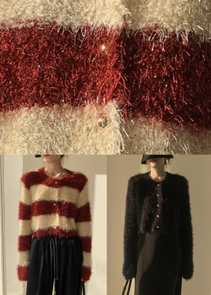 Black Fluffy Knit Cardigan O-neck Spring