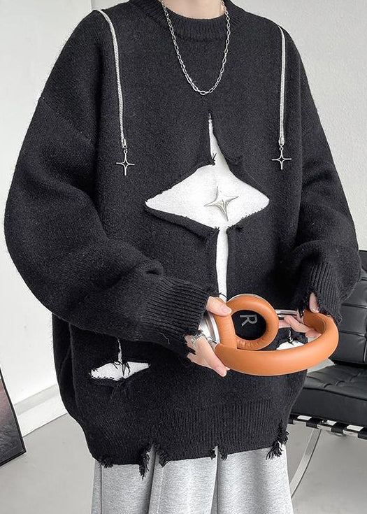 Black Hole Zippered Knit Fall Sweater O Neck