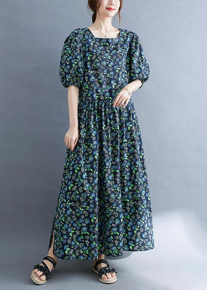 Black Loose Square Collar Print Pockets Summer Robe Dresses Puff Sleeve