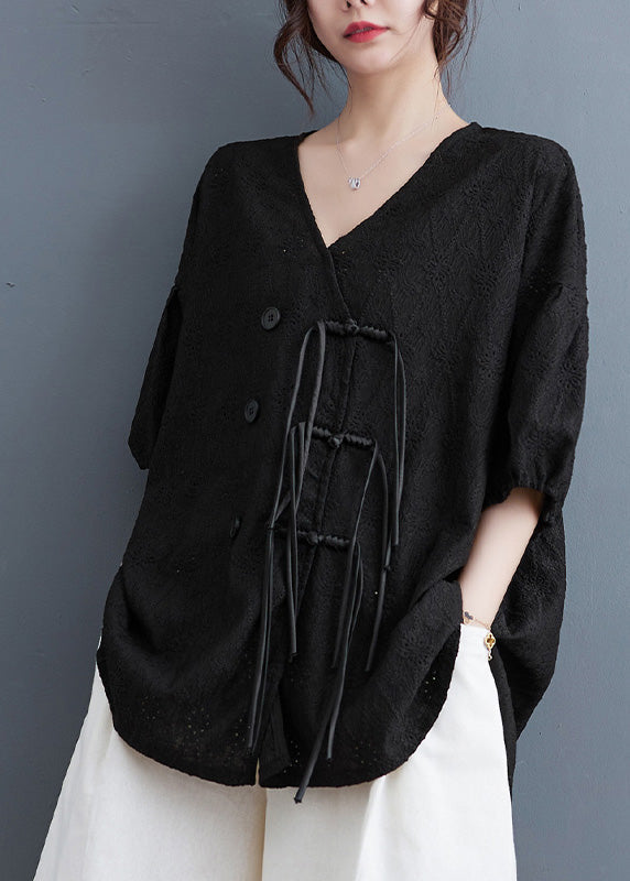 Black Low High Design Button Lace Top Short Sleeve