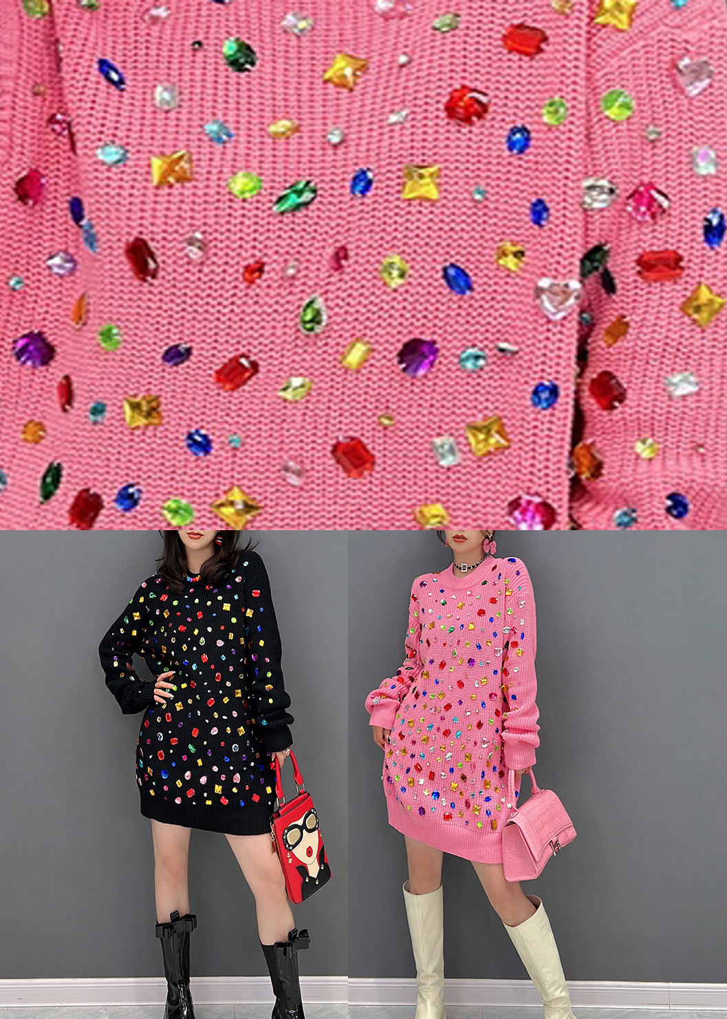 Black O-neck Bright Diamond Knit Mid Dress Winter