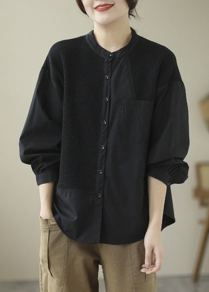 Black O-neck Button Cotton Tops Long Sleeve