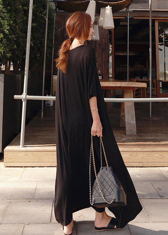 Black O-neck Cotton Ankle Dress Short Sleeve