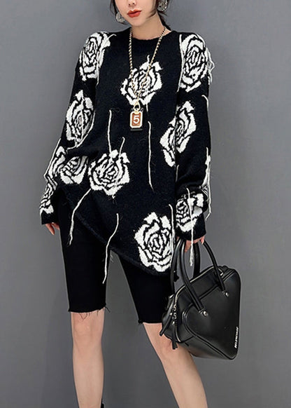 Black O-neck Print Knit Sweater Fall