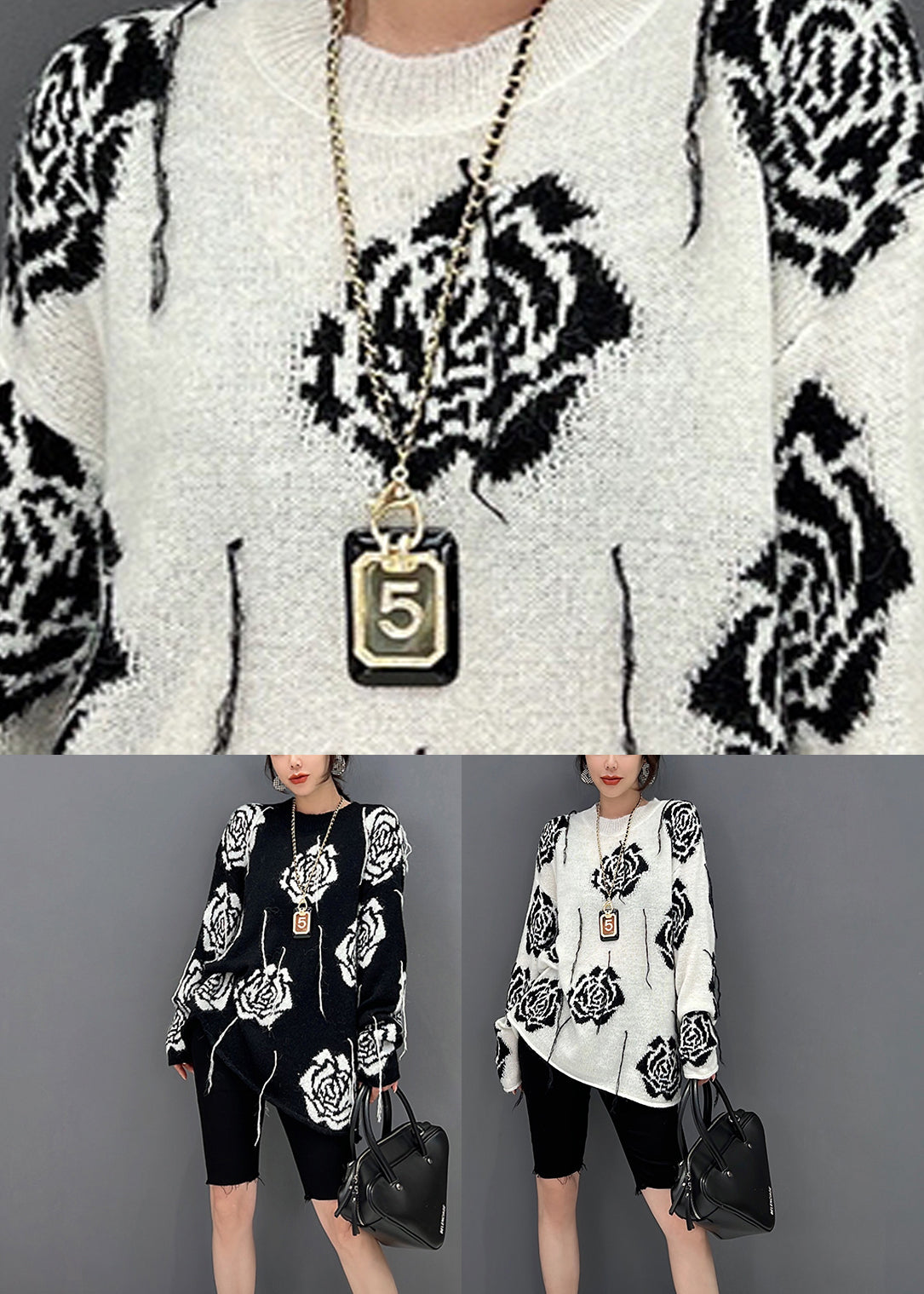 Black O-neck Print Knit Sweater Fall