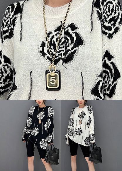 Black O-neck Print Knit Sweater Fall