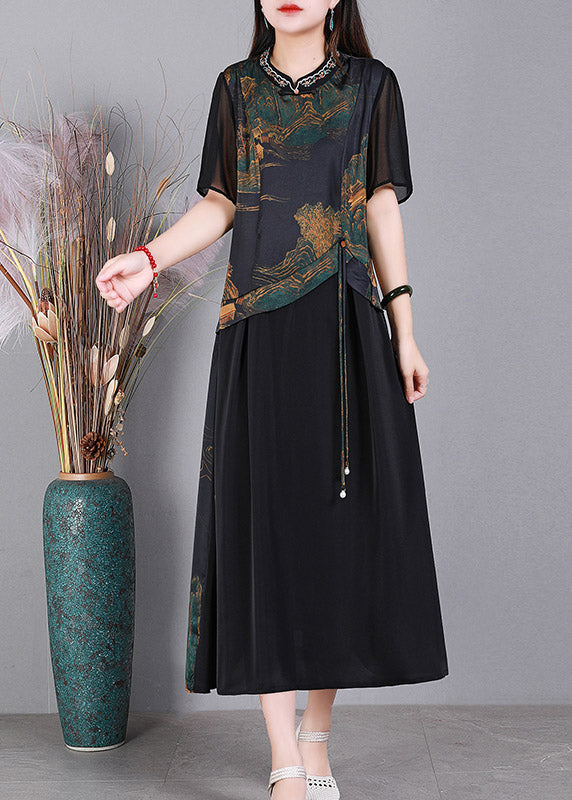 Black O-neck Print Patchwork Silk Dresses Short Sleeve