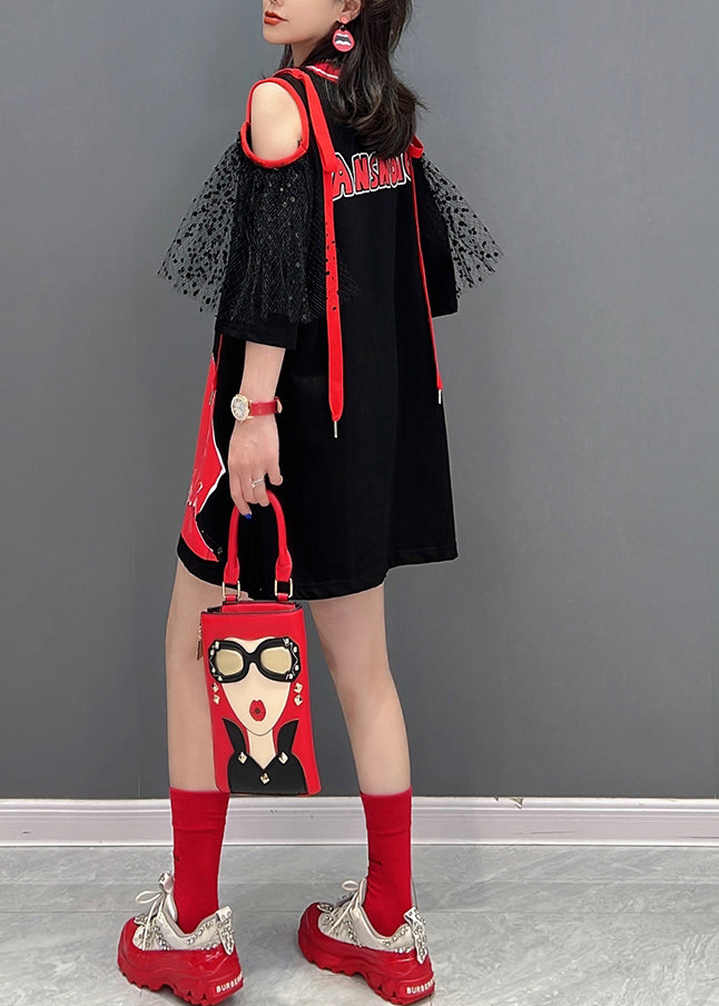 Black O-neck Tulle Patchwork Belle Mid Dress Half Sleeve