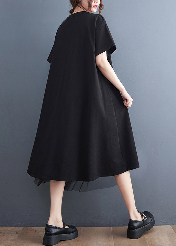 Black O-neck Zippered Cozy Long Dress Short Sleeve