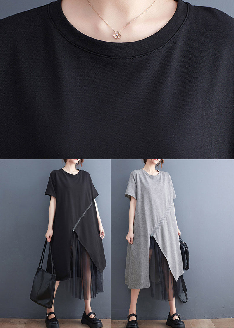 Black O-neck Zippered Cozy Long Dress Short Sleeve