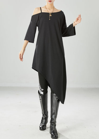 Black Off the Shoulder Cotton Maxi Dresses Asymmetrical Summer
