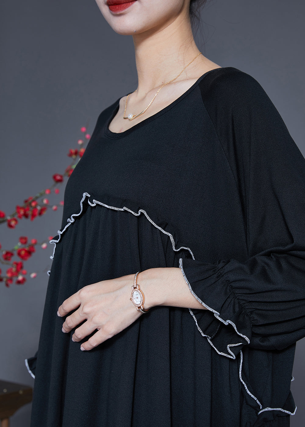 Black Oversized Cotton Long Dress O-neck Ruffled Summer