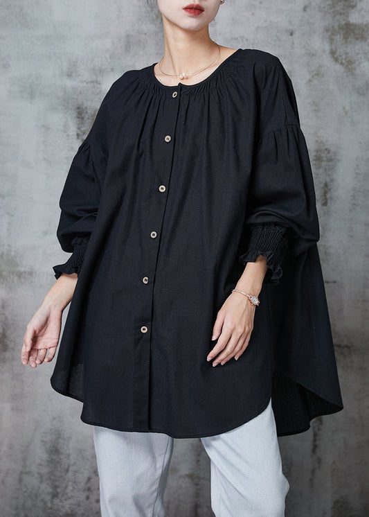 Black Oversized Cotton Shirts O-neck Lantern Sleeve