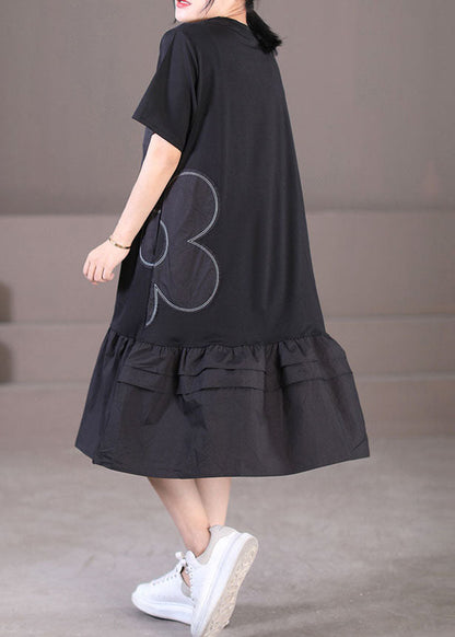 Black Patchwork Cotton Pleated Dress O-neck Color Short Sleeve