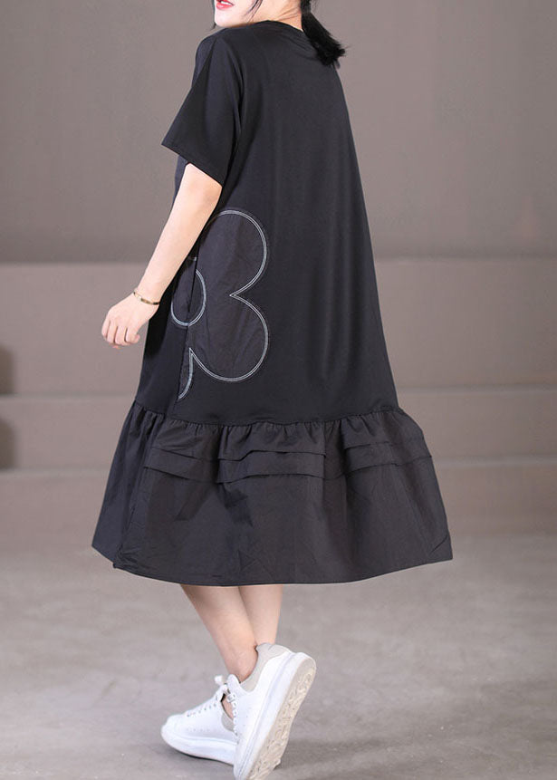 Black Patchwork Cotton Pleated Dress O-neck Color Short Sleeve