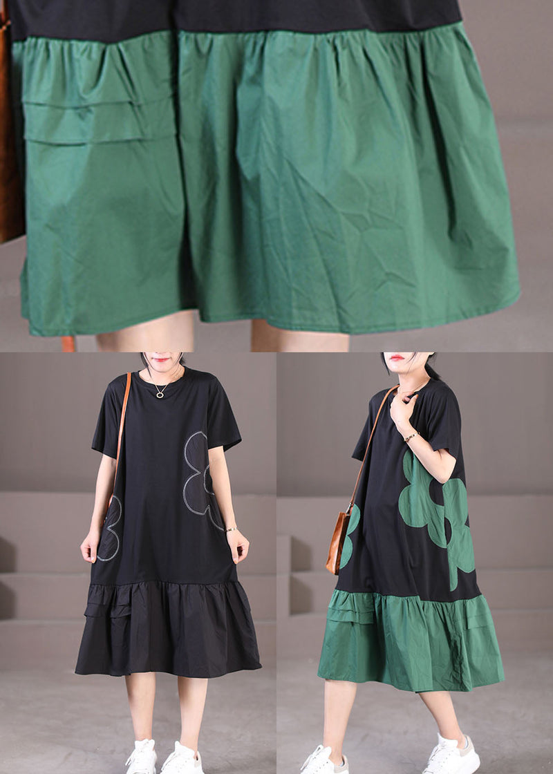 Black Patchwork Cotton Pleated Dress O-neck Color Short Sleeve
