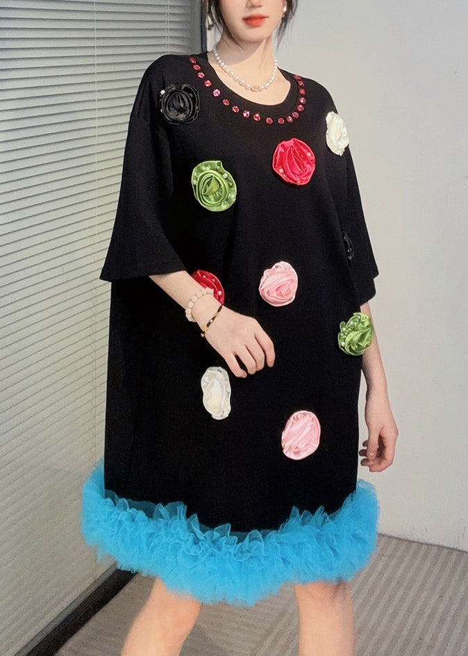Black Patchwork Cotton T Shirts Dress Ruffled Summer