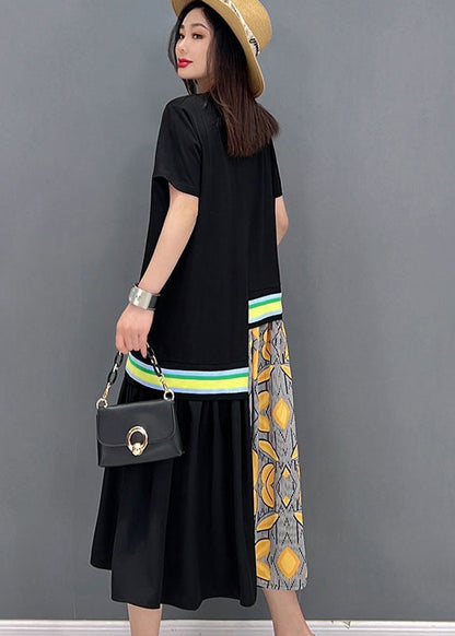 Black Patchwork Cotton Vacation Pleated Dresses O-neck Print Short Sleeve