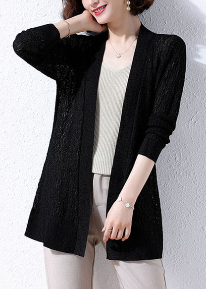Black Patchwork Knit Cardigans Embroideried Hollow Out Fall