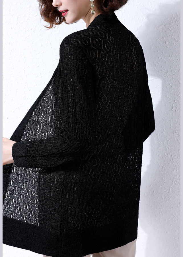 Black Patchwork Knit Cardigans Embroideried Hollow Out Fall