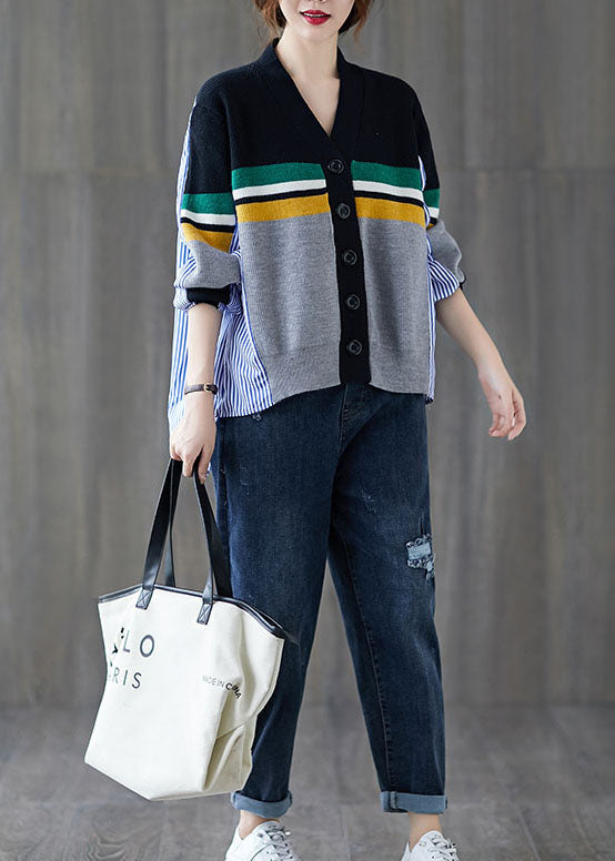 Black Patchwork Striped Button Asymmetrical Design Fall Knit Sweater