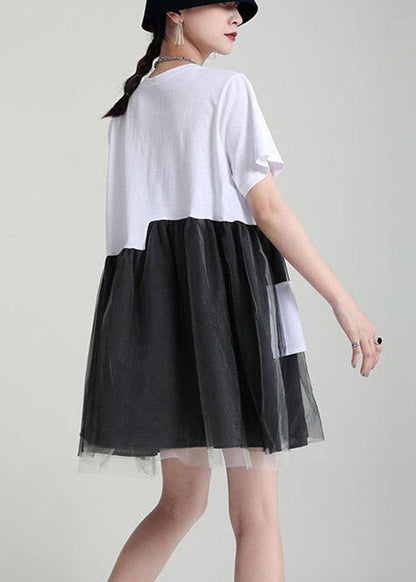 Black Patchwork Tulle Pockets Summer Holiday Dress Short Sleeve