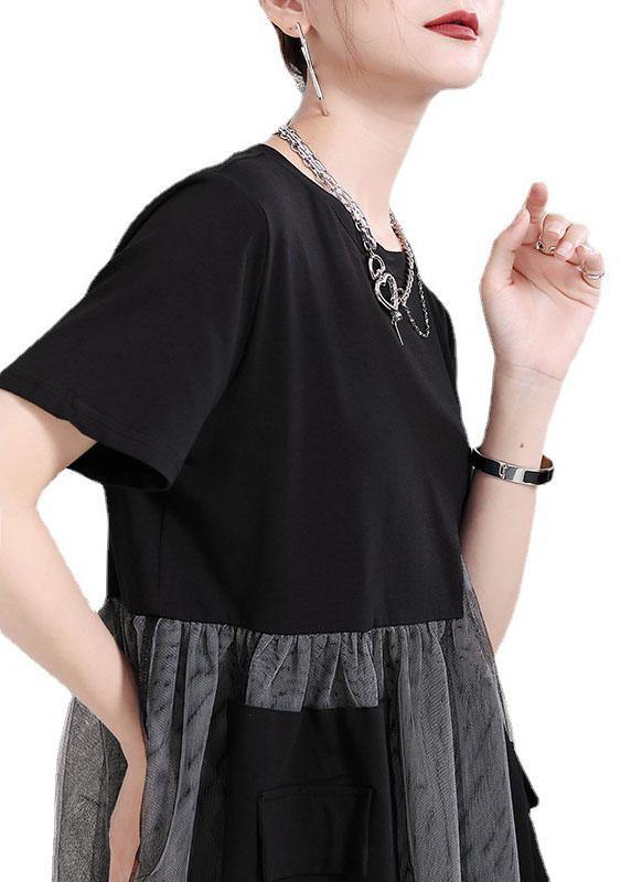 Black Patchwork Tulle Pockets Summer Holiday Dress Short Sleeve