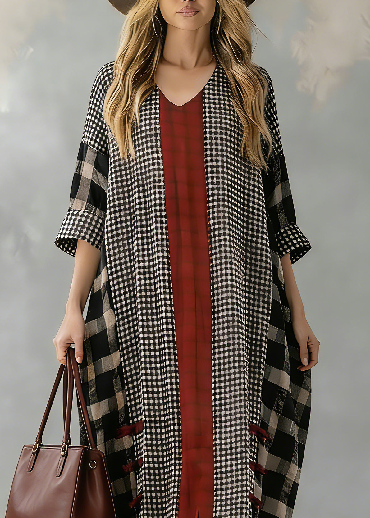 Black Plaid Autumn Loose Fitting V Neck Patchwork Traveling Clothing
