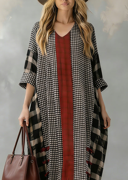 Black Plaid Autumn Loose Fitting V Neck Patchwork Traveling Clothing