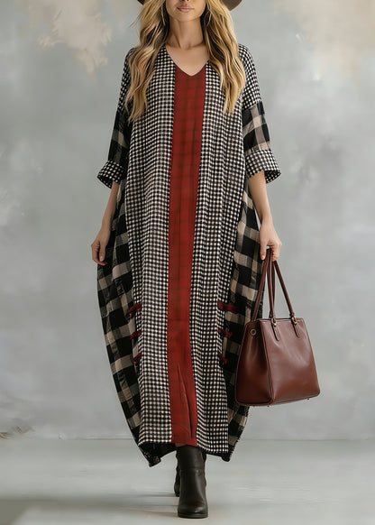 Black Plaid Autumn Loose Fitting V Neck Patchwork Traveling Clothing